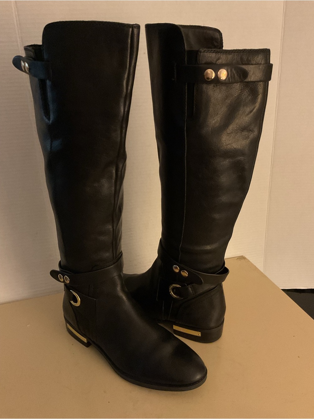Vince Camuto Black Leather tall knee high riding boots with Gold Hardware US 9 - Picture 3 of 11